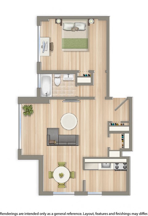 Floor plan for 1 bed, 1 bath, 644 sqft